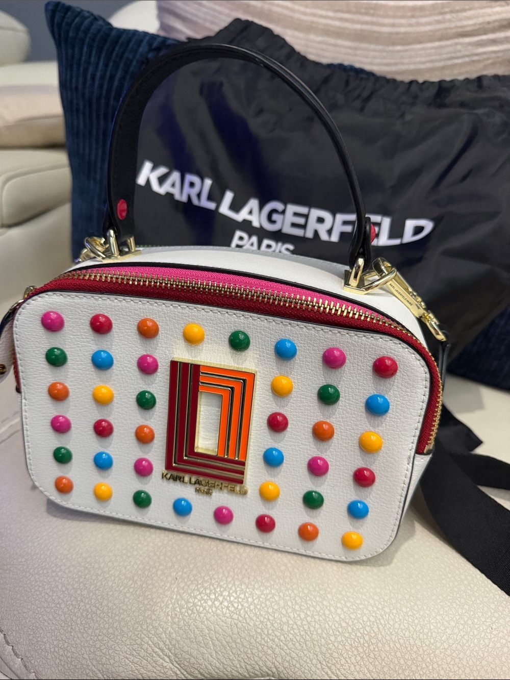 Karl Lagerfeld White Mini Top-Handle Bag with Multicolor Studs